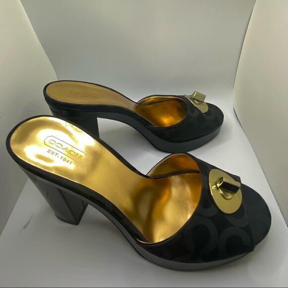 COACH Vintage Black Gold Toggle Platform Block Heel Slide Sz. 8.5 - Picture 2 of 7
